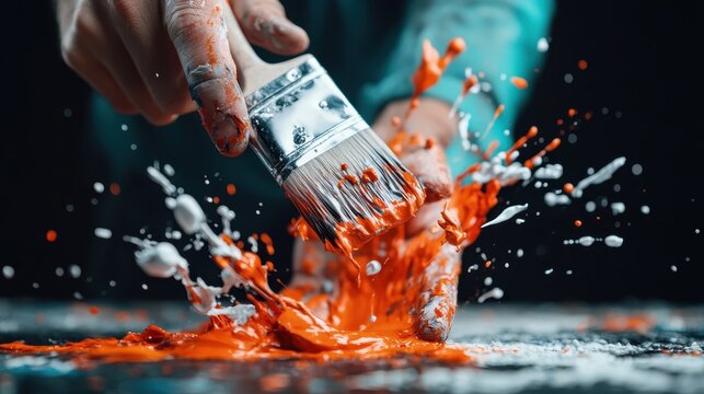 An expressive demonstration of vibrant orange paint splattering from a paintbrush, capturing the essence of creativity and artistic exploration in a dynamic way.