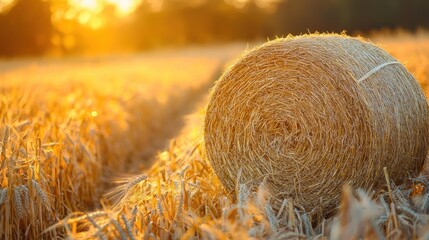 A round bale of straw in a field at sunset.