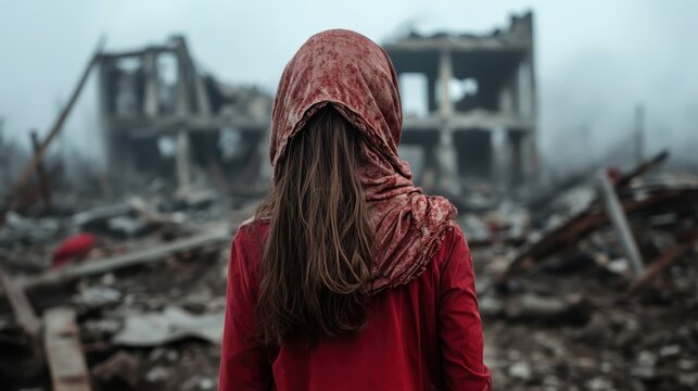 A young woman in a red dress and headscarf gazes at the rubble of destroyed buildings, conveying a strong sense of loss, resilience, and hope against a backdrop of devastation.