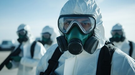 A focused team of masked individuals dressed in protective gear prepares for an uncertain situation, emphasizing the need for safety, vigilance, and professionalism in challenging environments.