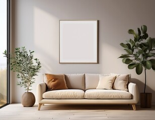 minimalist cozy home interior design of a modern living room with beige sofa ans a fig plant mockup frame concept