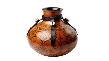 Fulani hand carved calabash gourd milk container decorated with intricate pyrography patterns