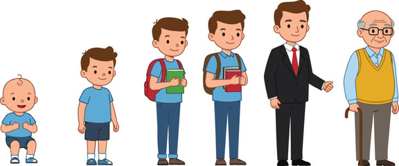 Male life stages illustration, baby to old man aging process, cartoon character development, childhood to adulthood timeline, flat vector design, human growth transformation concept image.