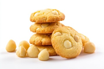 Stack of macadamia nut cookies on a white background