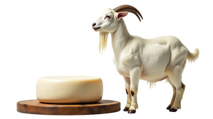 Fototapeta premium Saanen goat beside rustic wooden board with round goat cheese wheel in a farm setting