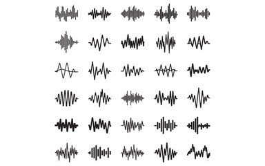 Silhouette Audio Waveform Vector Set – Sound Signal Icons in Linear, Bar, and Sinusoidal Styles