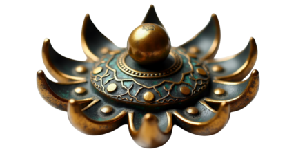 Brass and silver inlay Tibetan dorje vajra features stylized lotus prongs crafted for spiritual rituals