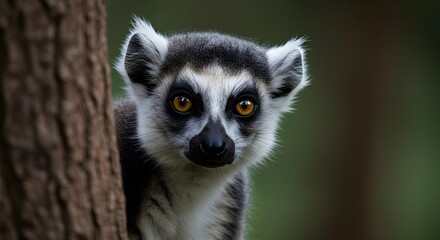 Obraz premium Ring-tailed lemur, Lemur, Primate, Curious Ring-tailed Lemur Peeking from Behind a Tree