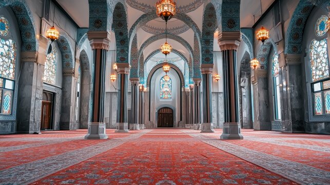 A grand, ornate mosque interior with intricate arches, columns, and colorful tiles. The space is illuminated by hanging lanterns and features a large, ornate carpet.