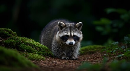 Obraz premium Raccoon, Procyon lotor, Forest, Curious Raccoon in Mossy Forest