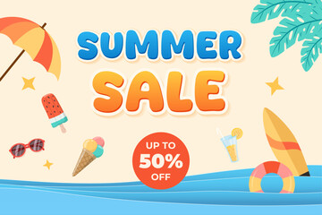 Summer sale beach background. Use for ads, banner, poster, card, cover, stickers, badges, illustration design.