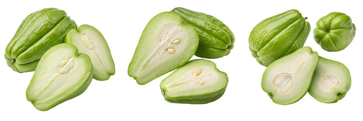 Set for Chayote squash whole and halved isolated on transparent background, PNG