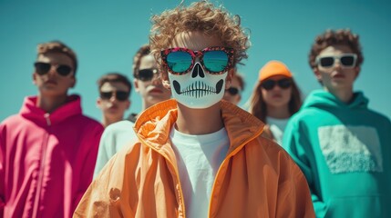 A striking group of children wearing vibrant, trendy clothing and skull masks, standing confidently against a bright sky, symbolizing youthful rebellion and dynamic modern culture.