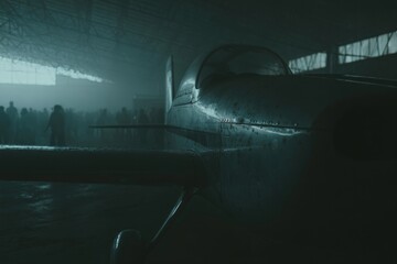 Aircraft in Dimly Lit Hangar with Crowd