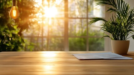 A peaceful workspace bathed in warm sunlight, featuring a plant and documents on a wooden table, evoking a sense of tranquility and productivity in a cozy environment.