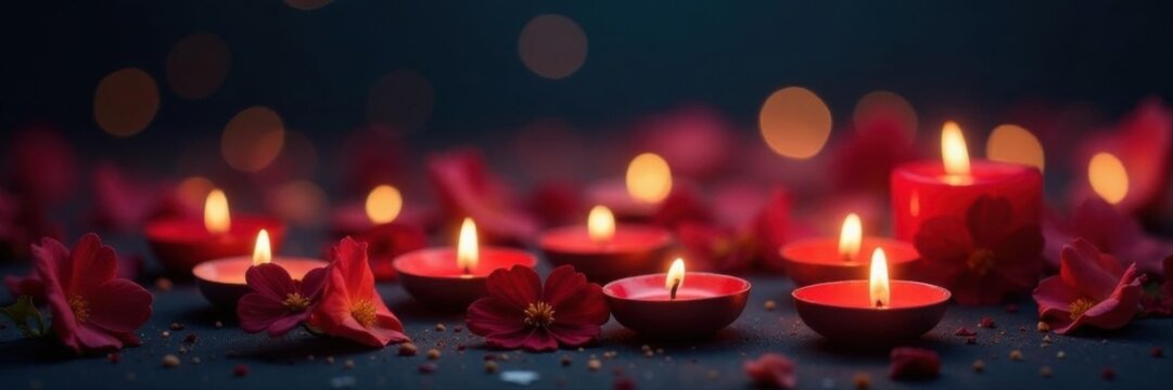Black flower panorama, burning candles, dark background, card, deep - Powered by Adobe