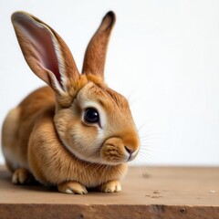Obraz premium Brown lop-eared rabbit rests on rustic tabletop, against bright white, photo, domestic rabbit
