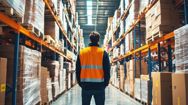 A man in a high-visibility vest standing in a warehouse aisle, surrounded by cardboard boxes and shelves.