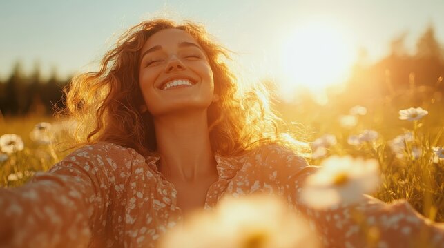 A bright and cheerful image depicting a woman smiling radiantly under the warm sunlight amidst a field of flowers, reflecting the joy of nature and the essence of a carefree spirit.