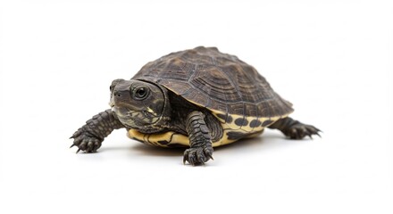 Obraz premium Tiny turtle crawls slowly against bright white background. AI Generated