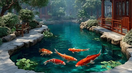 Elegant koi pond scene with rich foliage and bridge crossing high resolution image