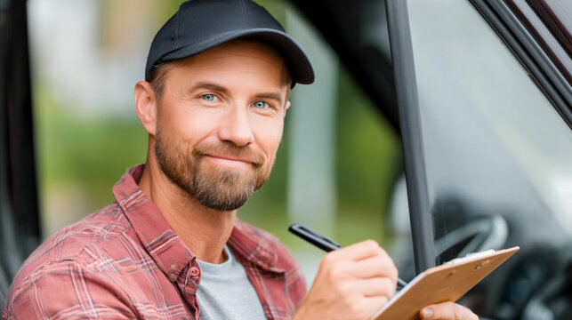 A man wearing a cap and casual attire is seated in the driver seat of a truck. He is using a clipboard to take notes, focusing on his tasks as a professional driver near a delivery area.