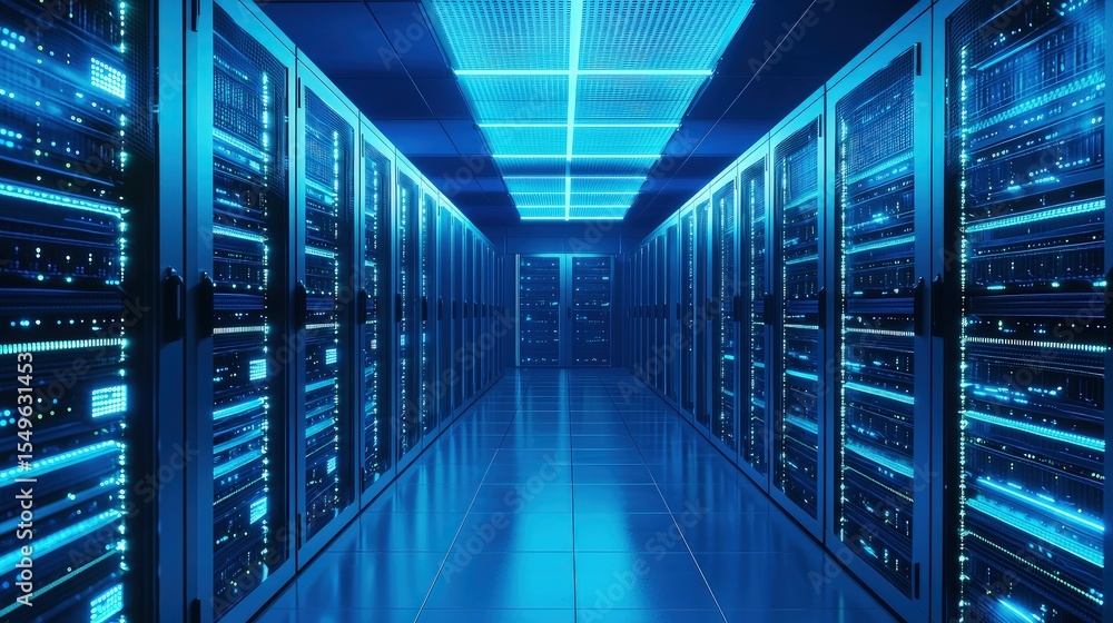 Poster futuristic blue-lit data center interior with rows of glowing server racks and reflective tile floor