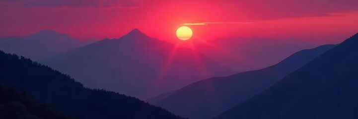 Deep crimson sun dips below peaks, smoky haze glows softly , evening, vibrant, color