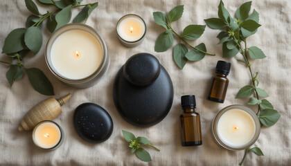 Flat lay of spa essentials with candles, stones and eucalyptus leaves on a linen towel