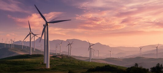 The scenic wind turbines under a vibrant sunset sky in rural landscape.