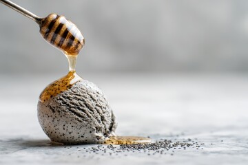 National Ice Cream Day: Extreme Macro of Black Sesame Ice Cream Scoop with Perfect Fork Ridges & Honey Drip