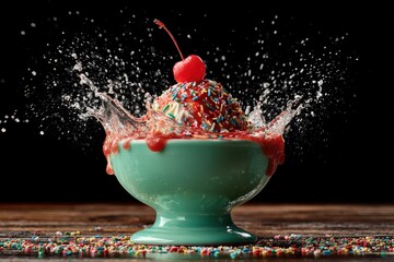 National Ice Cream Day: Slow-Motion Splash of Multicolored Sprinkles Erupting from Sundae Bowl | Frozen Mid-Air