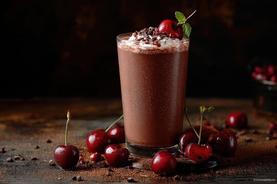 Tasty Black Forest chocolate smoothie topped with a cherry on a dark table