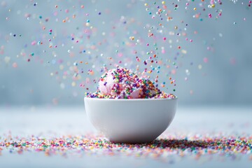 National Ice Cream Day: Macro Shot of Jewel-Toned Sprinkles in White Ceramic Bowl | Colorful Dessert Detail