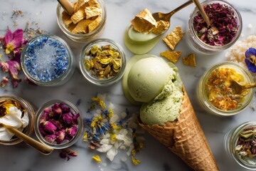 National Ice Cream Day: Overhead Shot of Artisanal Ice Cream Bar with Miniature Glass Topping Jars | Gourmet Dessert Spread