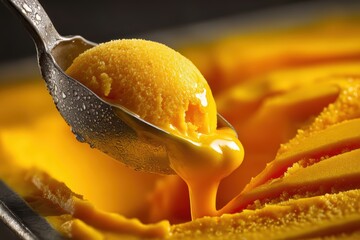 National Ice Cream Day: Stainless Steel Scoop Plunges into Textured Mango Sorbet Pint | Summer Treat Close-Up