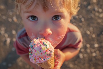 National Ice Cream Day: Sprinkle-Covered Toddler Clutches Melting Strawberry Cone | Adorable Summer Moment