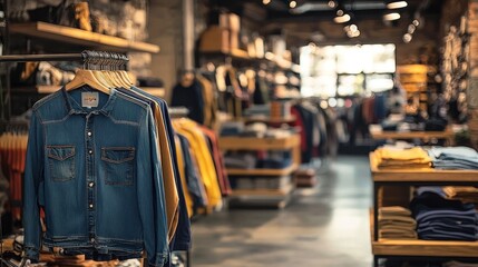 Obraz premium A clothing store with various denim jackets on display.