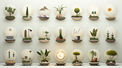 Flat vector icon set representing digital wellness and screen-life balance, including unplugged devices, nature breaks, sleep mode, analog habits, and mindfulness tools in muted earthy tones, no text