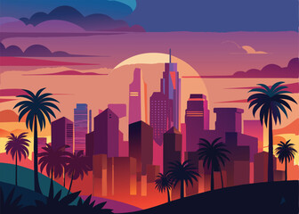 A stylized illustration of a modern city skyline at sunset.