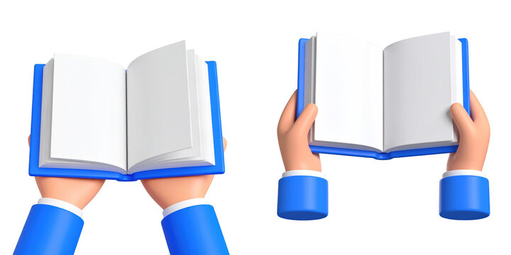 Hand holding an open book with white pages and a blue cover on a transparent background in a 3D illustration
