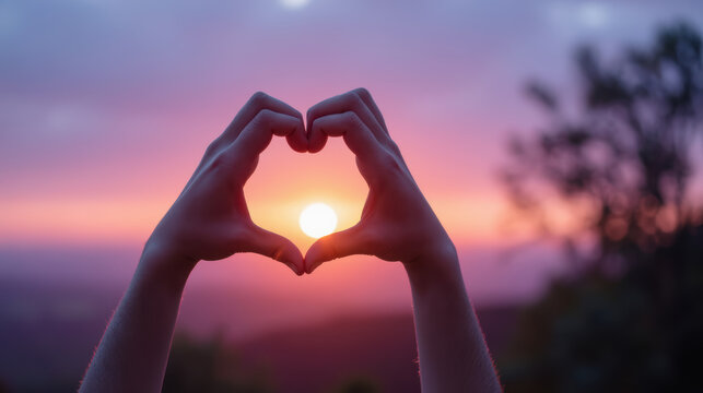 Beautiful sunset is framed by hands forming heart shape, symbolizing love and connection. vibrant colors of sky create serene atmosphere