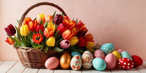 Bright tulips and painted eggs against soft pastel backdrop

