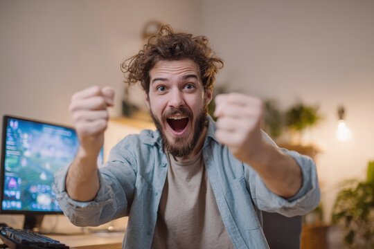 Elated gamer triumphantly celebrating a live gaming win at home symbolizing success and achievement