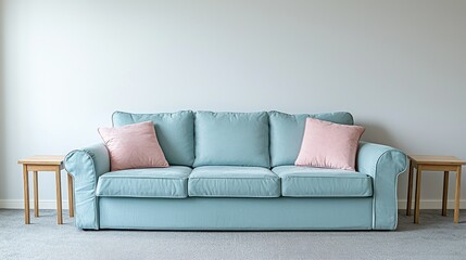 Light teal sofa with blush pink accent pillows in a room.