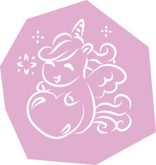 Cute happy little pony pegasus unicorn laughing and sitting next to big heart, hand drawn with brush white outlines on lilac polygonal background