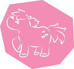 Cute happy little pony standing with one front leg up and rejoicing, hand drawn with brush white outlines on pink polygonal background