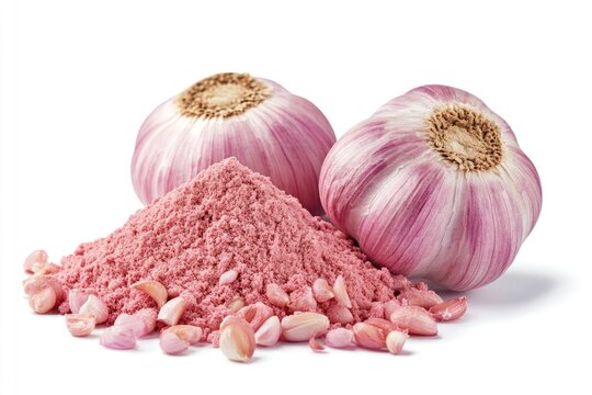 Pink garlic powder next to whole garlic bulbs