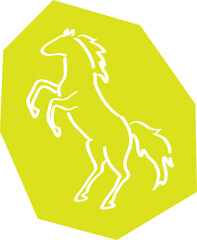 Full size outline of a rearing horse, side view, white curved lines outlines on a polygonal yellow background