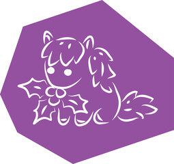 Cute little pony sitting and holding christmas holly in her mouth, hand drawn with brush white outlines on purple polygonal background